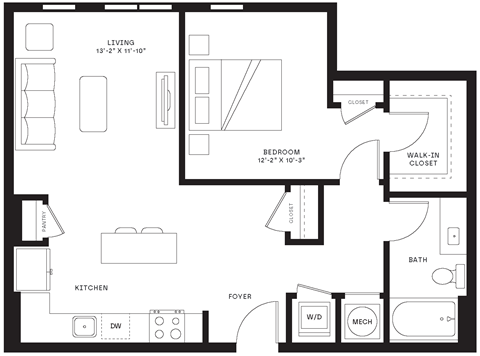 Floor plan for 1 bed, 1 bath, 782 sqft